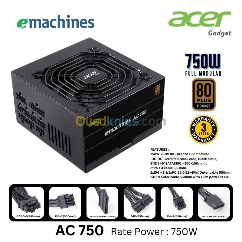 ALIMENTATION ACER 750W AC750 80+ BRONZE FULL MODULAR BLACK PCIE5 ATX3.0