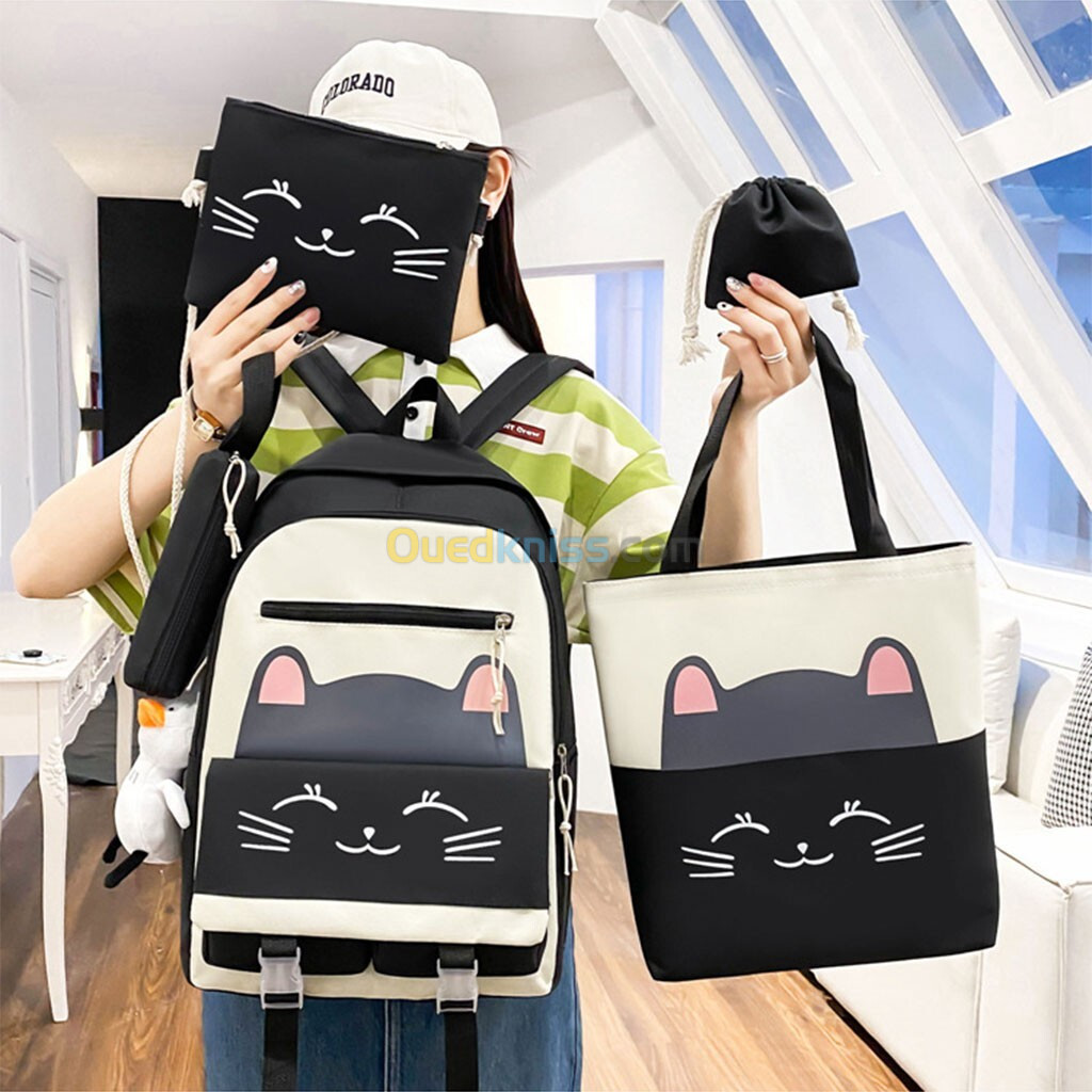  Sac À Dos Scolaire Cute Cat 5pcs en Tissu pour Adolescents Et Filles