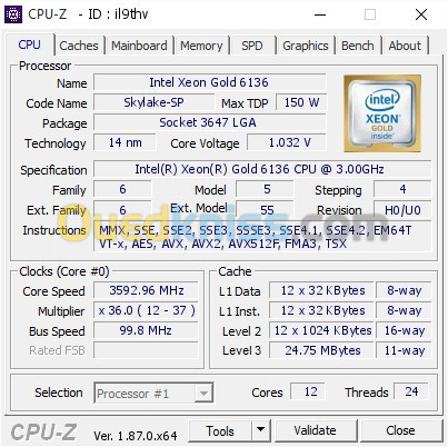 cpu xeon gold 6136 12 cores 24 threads 