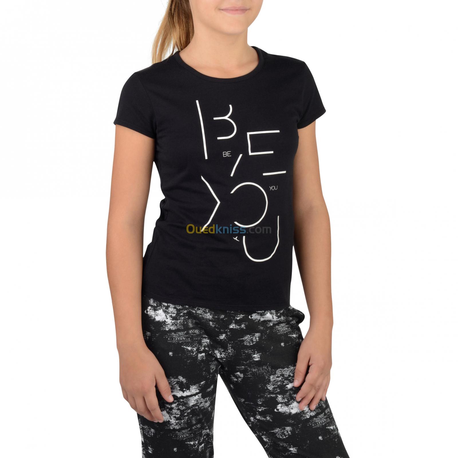 DOMYOS T-Shirt 100 MC Gym Fille imprimé noir blanc