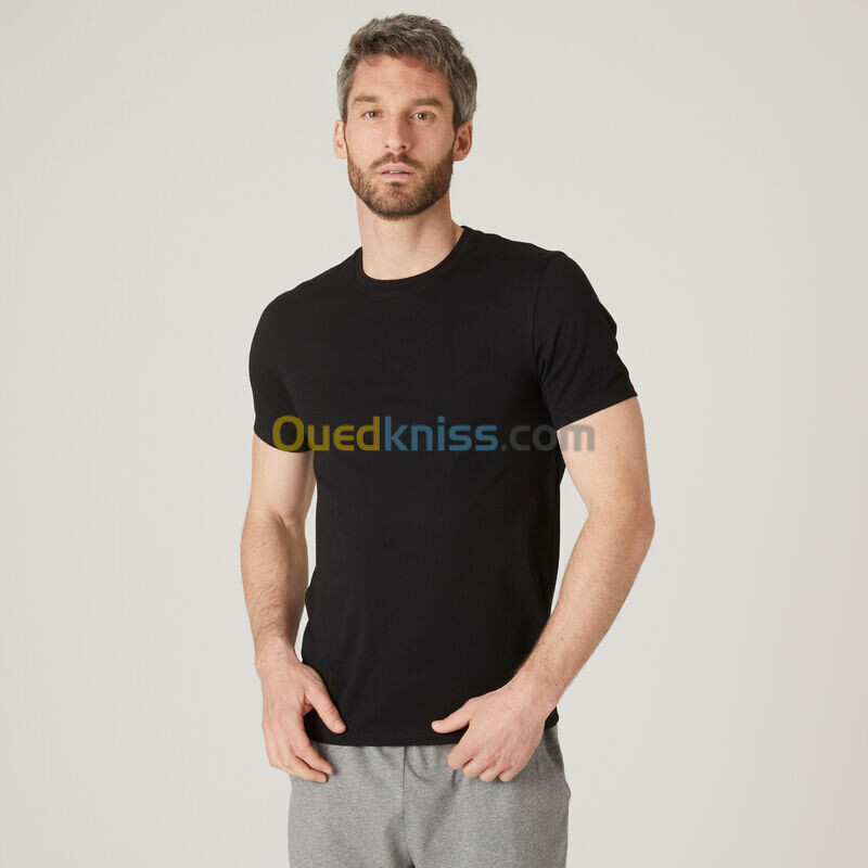 DOMYOS T-shirt fitness manches courtes slim coton extensible col rond homme noir