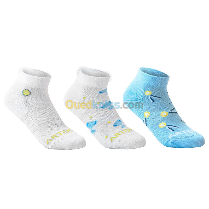 ARTENGO CHAUSSETTES DE SPORT ENFANT MI-HAUTES ARTENGO RS 160  BLANC  BLEU LOGO LOT DE 3@