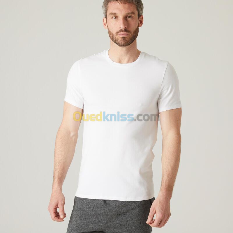 DOMYOS T-shirt fitness manches courtes slim coton extensible col rond homme blanc