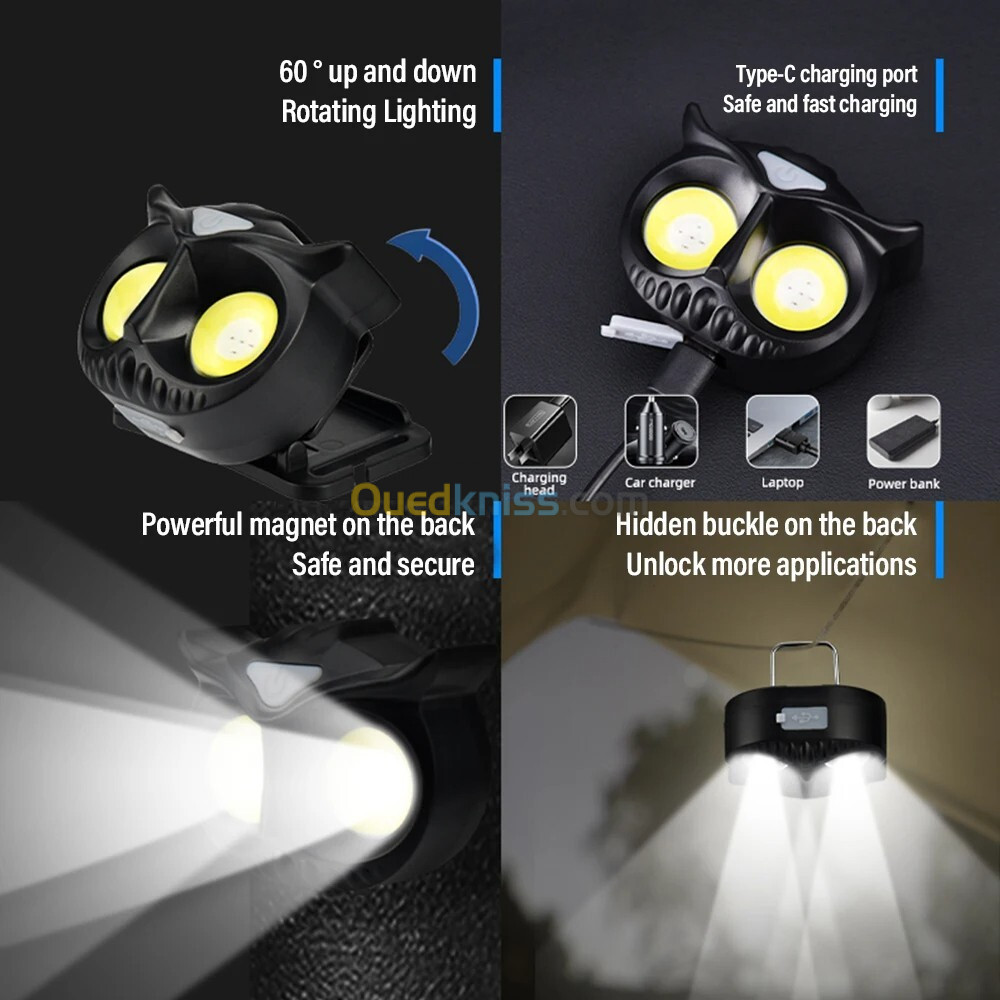 Hibou Lampe frontale LED rechargeable 1500 lumens, 5 modes, étanche IPX4