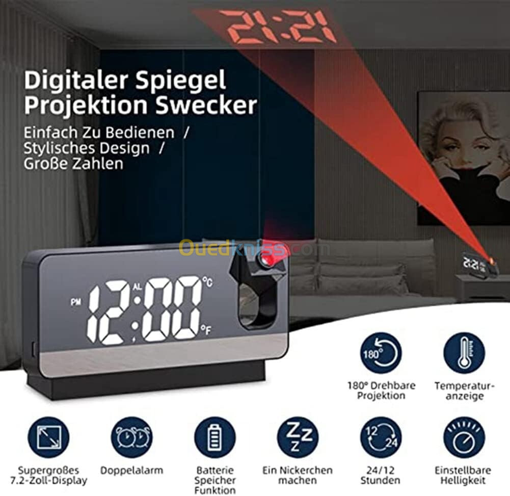 Réveil numérique intelligent avec projecteur 180 TempéRature USB , Snooze