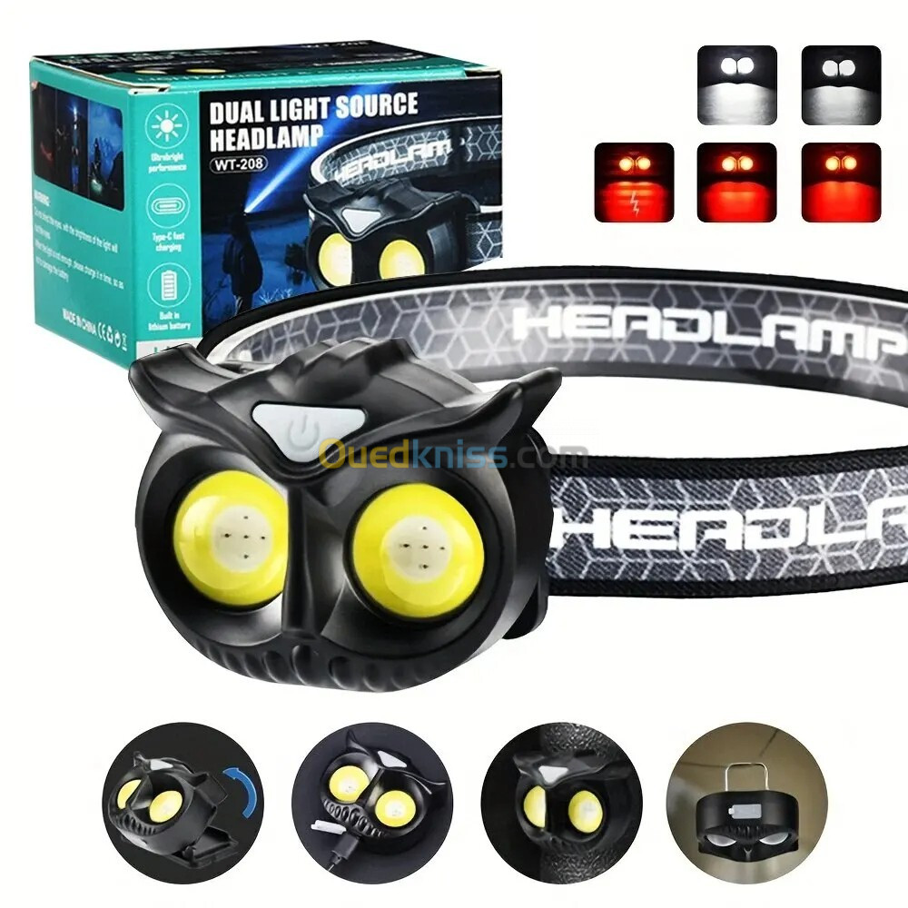 Hibou Lampe frontale LED rechargeable 1500 lumens, 5 modes, étanche IPX4