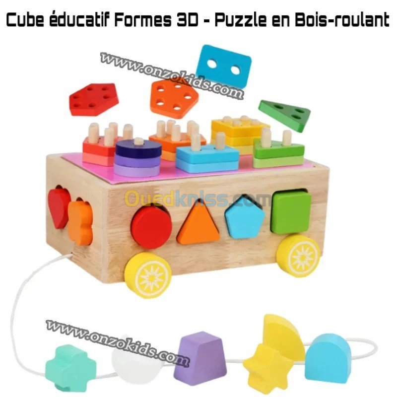 jouet éducatif  Cube éducatif Formes 3D  Puzzle en Bois-roulant