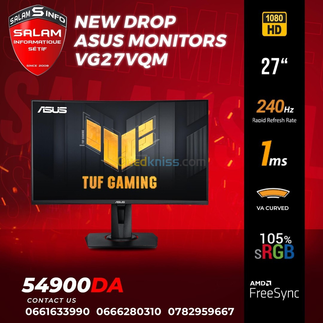 ASUS TUF VG27VQM 27" Curved - 240 Hs - 1MS - sRGB 105% - Freesyn Premium