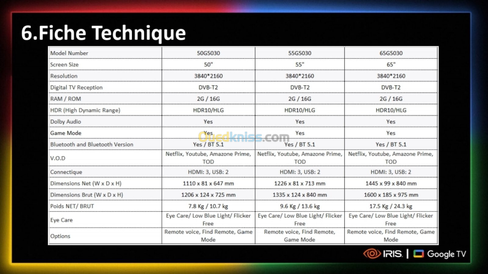 TV IRIS 50 G5030 ANDROID13 GOOGLE TV 50POUCES UHD 4K