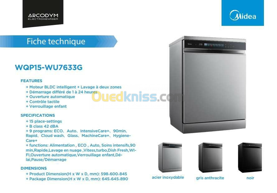 Lave vaisselle midea 15 c 9 programme 3 terroir ouverture automatique séchage