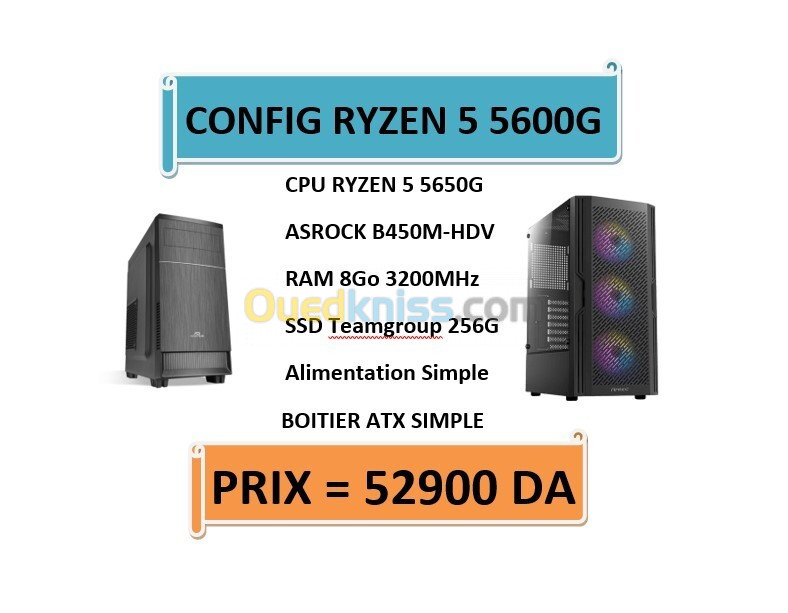  CONFIG RYZEN 5 5650 G / Asrock B450 / 8GO 3200MHz / SSD 256Go