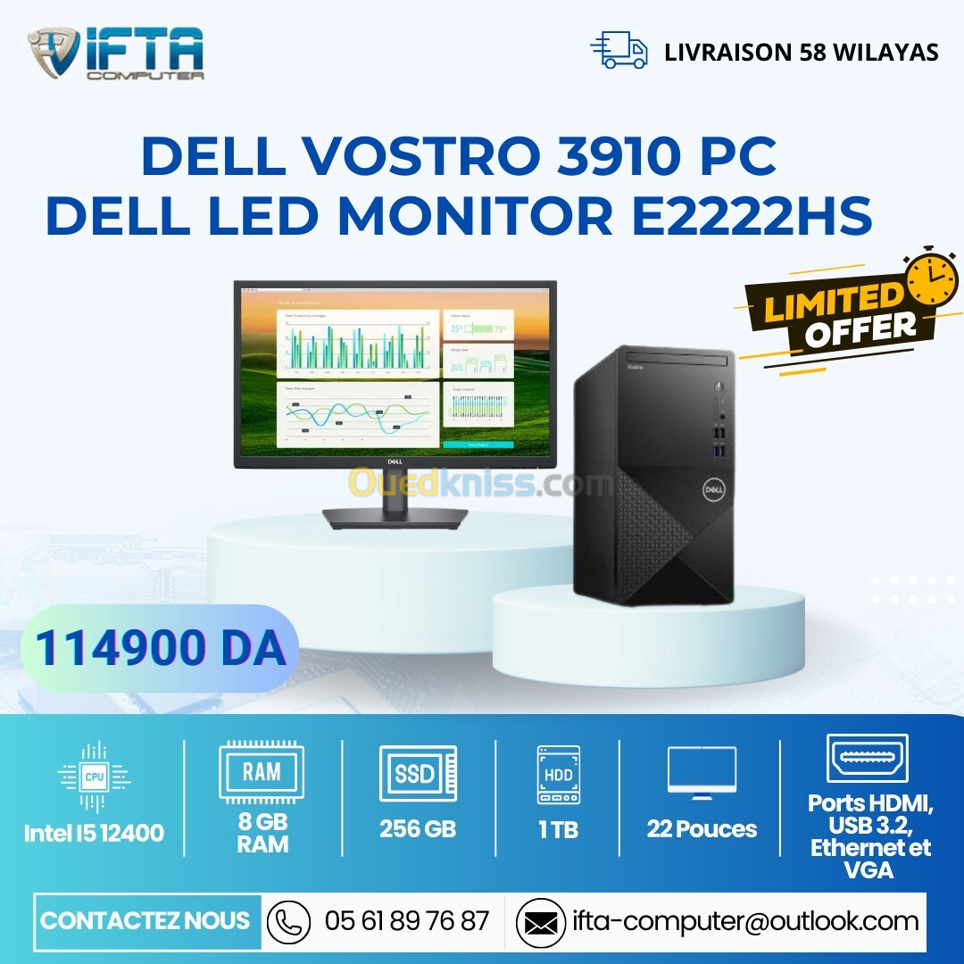 DESKTOP Dell Vostro 3910 i5-12400 + Moniteur LED Dell E2222HS 22 pouces