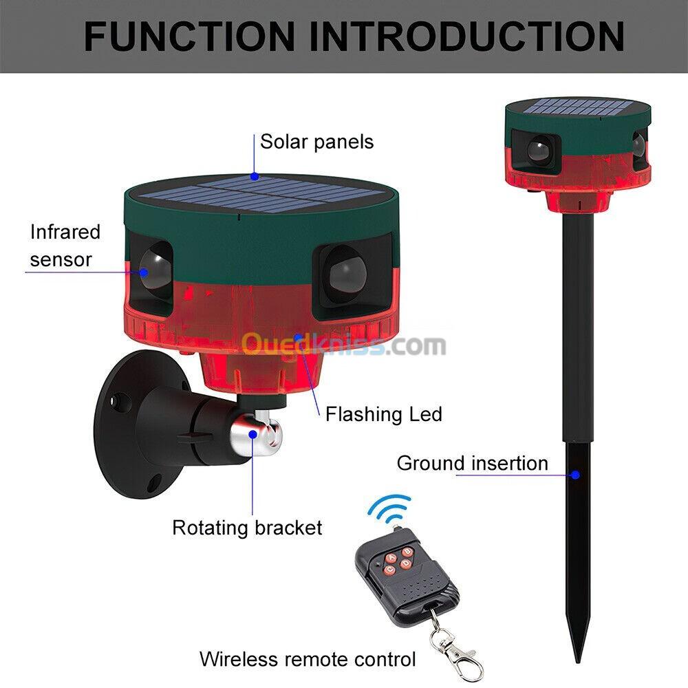 Répulsif pour animeux Capteur de mouvement à énergie solaire, alarme sonore et lumineuse 6 LED 