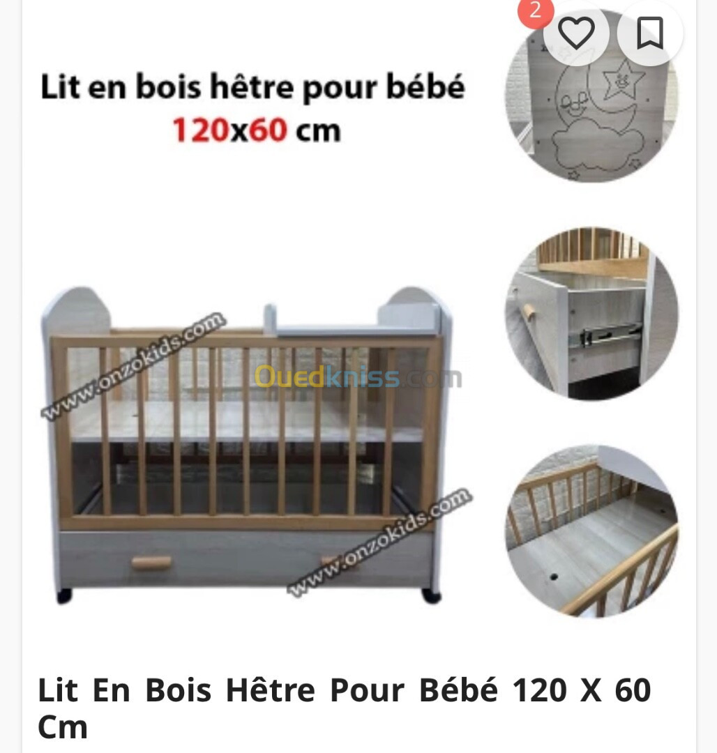 Lit bébé en bois hêtre 120x90