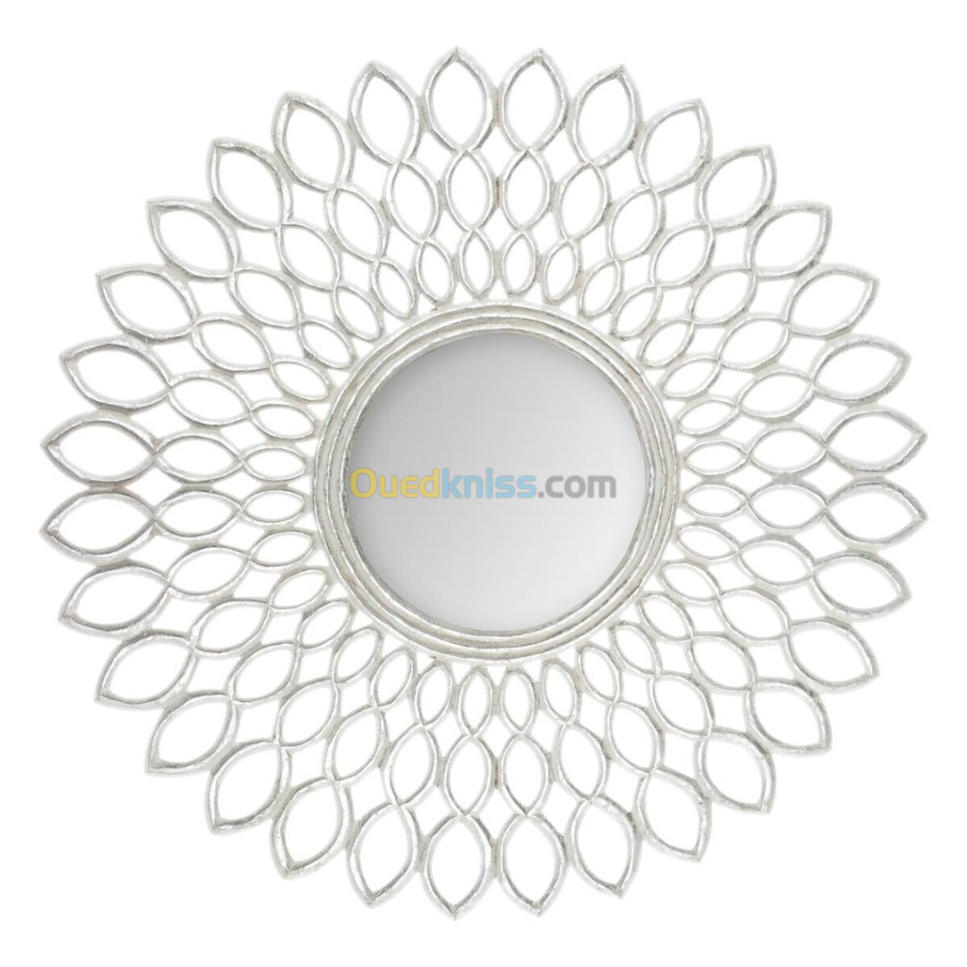 Miroir "Fleur" argent, bois sculpté D90 cm