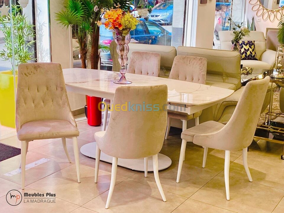 Table extensible avec 6 chaises en blanc marbré produits d'importation -  Alger Algeria