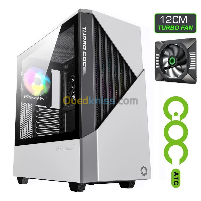 Boitier Gaming PC ATX GAMEMAX Contac Turbo ARGB COC en acier et Verre Antipoussière - Blanc/Noir