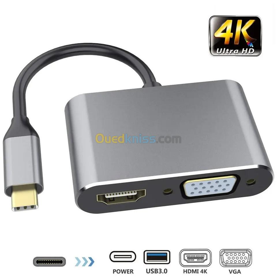 Adaptateur HUB 4 en 1 type-c to HDMI 4K + VGA 1080P + USB 3.0 + Type-c PD 87W