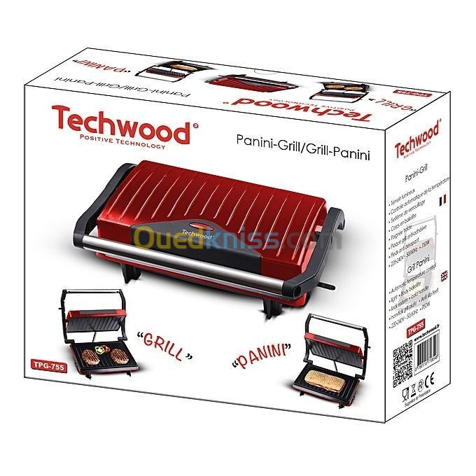 PANINEUSE et GRILLE VIANDE 2in1 TECHWOOD 750 W TPG-755 - - Rouge