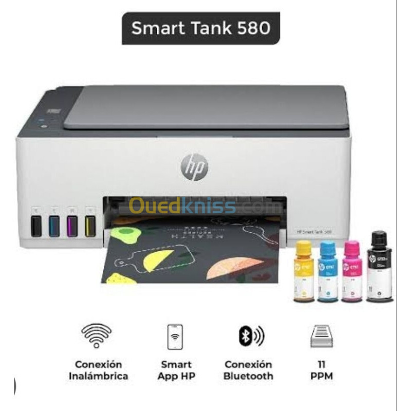 IMPRIMANTE MF3IN1 HP SMART TANK 580 WIFI A RESERVOIR COULEUR (3 Bouteilles Noire)