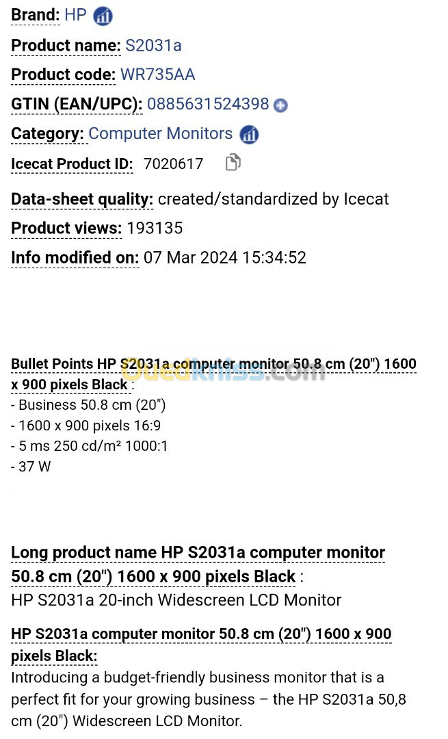 Pc monitor hp S2031a computer monitor 50.8 cm (20") 1600 x 900 pixels Black