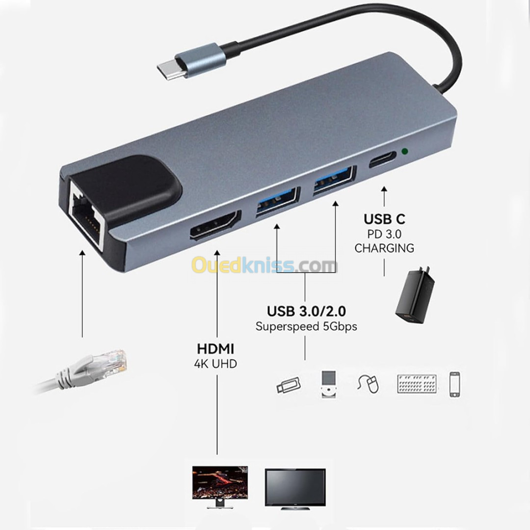 Adaptateur USB Type-C vers RJ45 & Hub 3 ports USB Compatible avec Multi-platform  - Alger Algérie