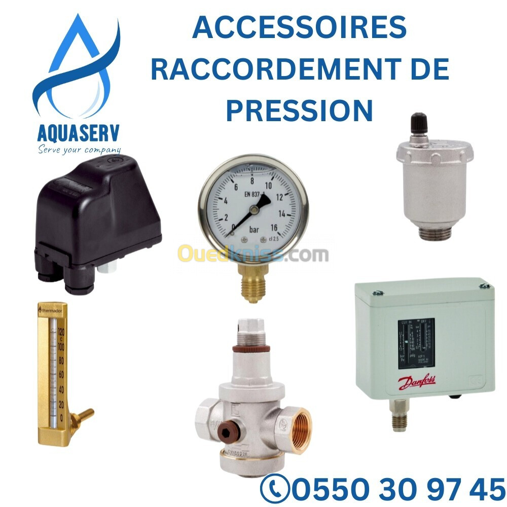 Raccordements de pression - Manomètres|Thermomètre|Régulateur de pression|Pressostat|Purgeur