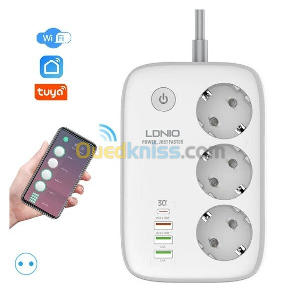 Ldnio Multiprise Wifi Intelligent - 3 ports AC universels 1 PD + 1 QC3.0 + 2 ports USB, 2500W 10A