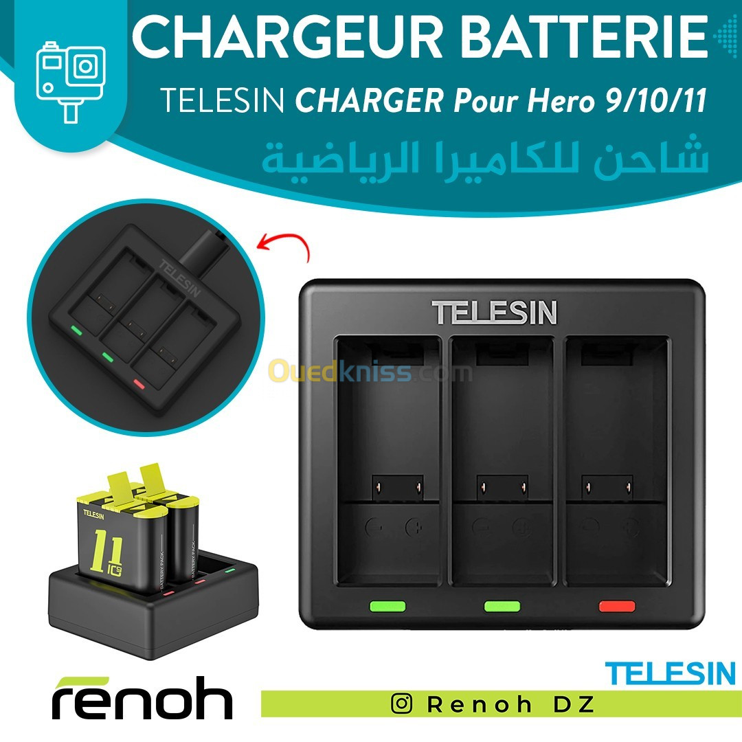 Chargeur Batterie TELESIN 3-SLOT CHARGER Pour Gopro Hero 9/10/11