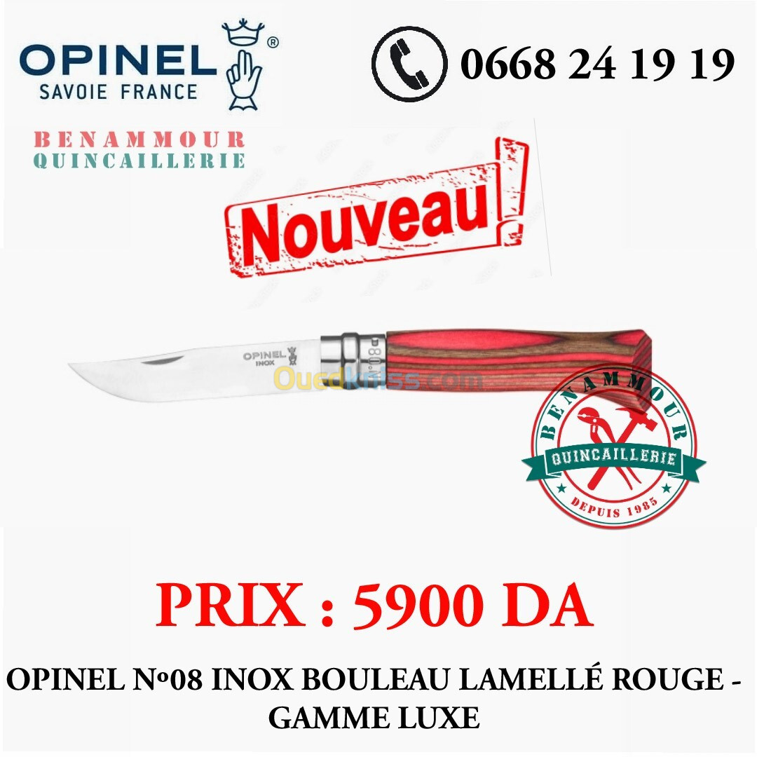 OPINEL COUTEAU N08 INOX BOULEAU LAMELLÉ ROUGE 