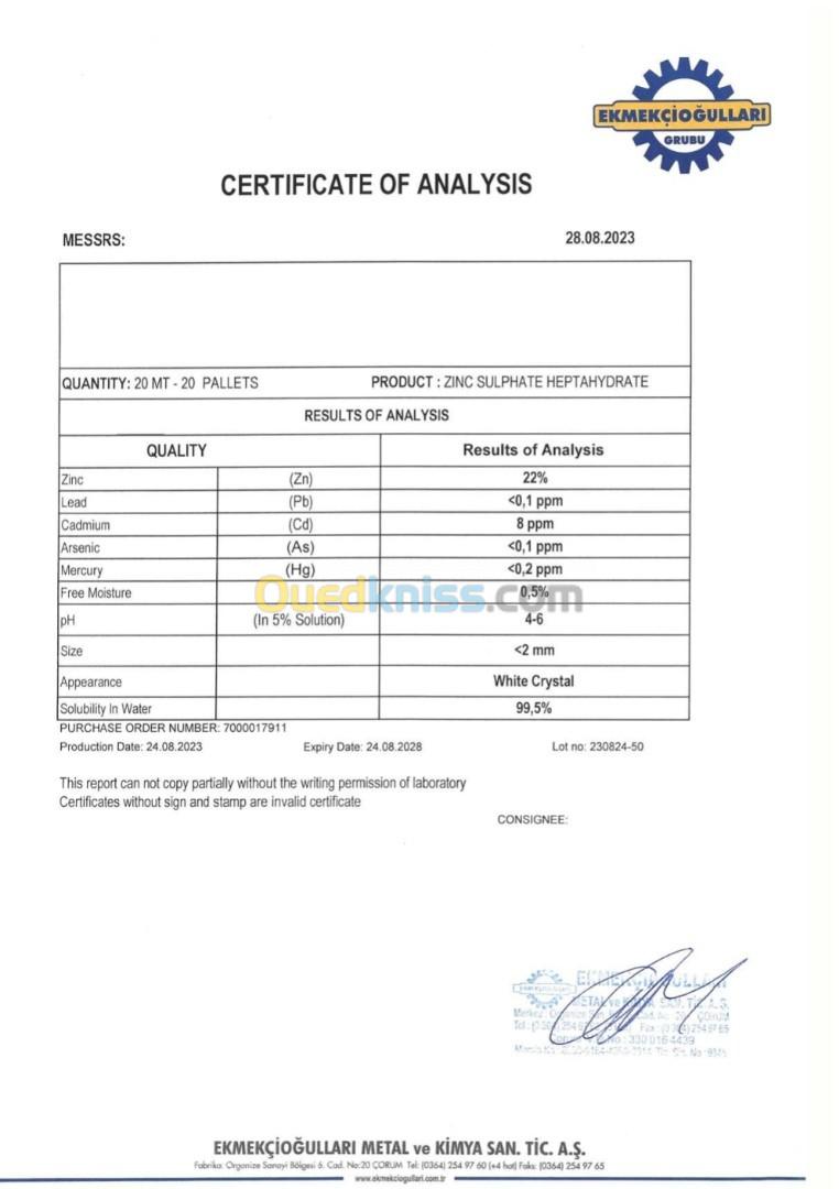 Sulfate de zinc (made in Turquie)