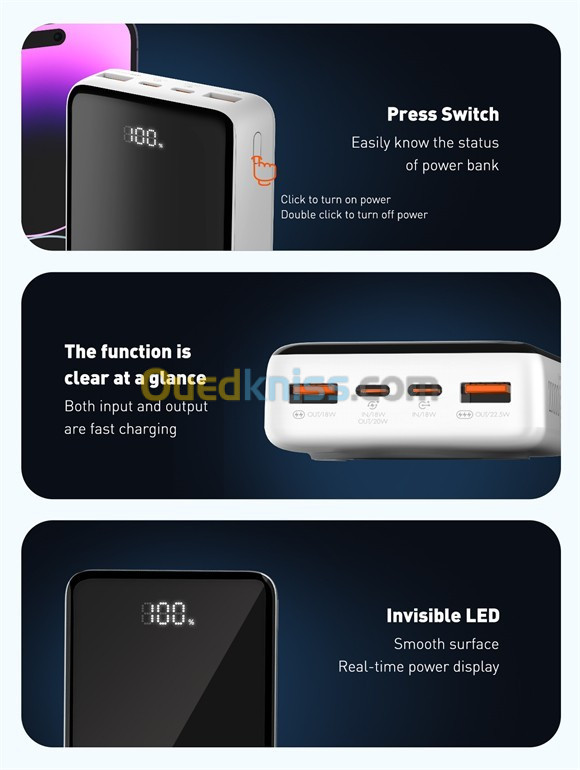 Powerbank -  ldnio PQ18 - 20000 mah - Sans fil 22.5w - Chargement Rapide - 02 USB