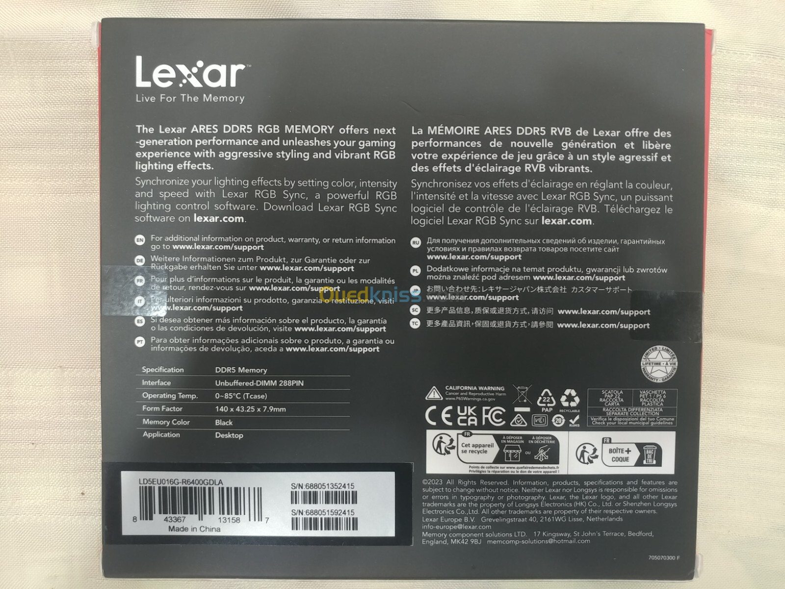 LEXAR ARES RGB DDR5 32GB (2X16) 6400MHz CL32 