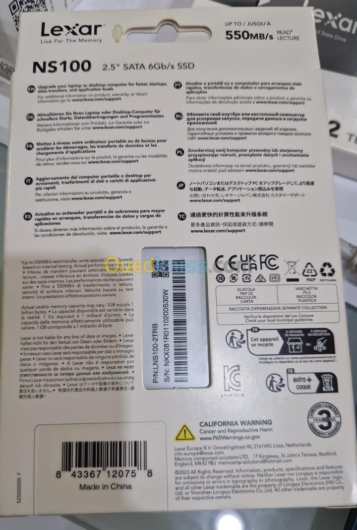LEXAR NS100 2TB - DISQUE DUR SATA III SSD 2.5" - 550MB/s - UP TO 2000 Hz - 6Gb/s 
