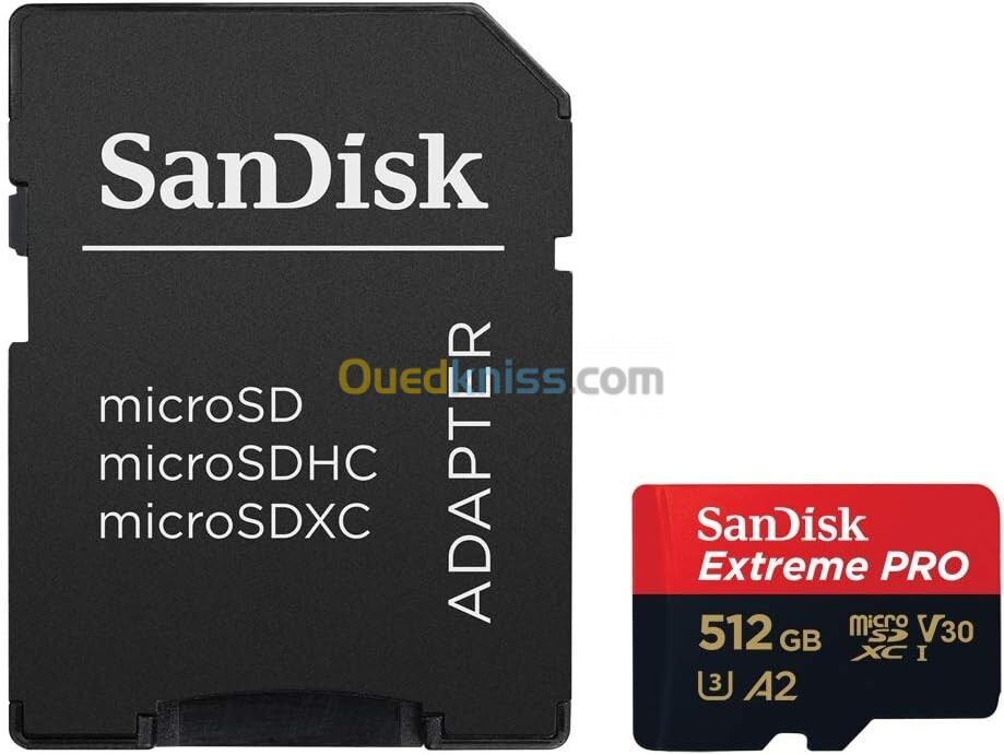 CARTE MÉMOIRE SANDISK EXTREME PRO MICROSDXC UHS-I - 4K UHD 512GB - 200MBS - AVEC ADAPTER