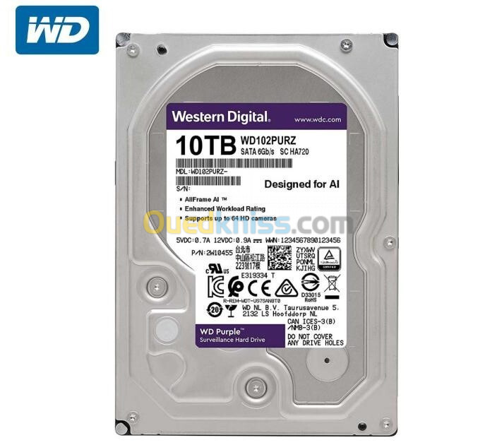 WD PURPLE 10TB HDD - DISQUE DURE SURVEILLANCE - WD102PURZ - SATA 6GB/S - 3,5" 256MB - 7200 RPM - CMR