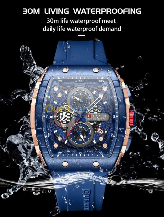 montre Original bracelet en Silicone pour hommes chronographe étanche -Bleu navy