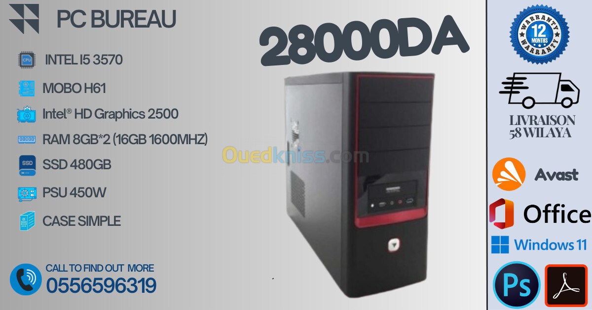 PC BUREAU INTEL I5 3570 16GB RAM 480 SSD