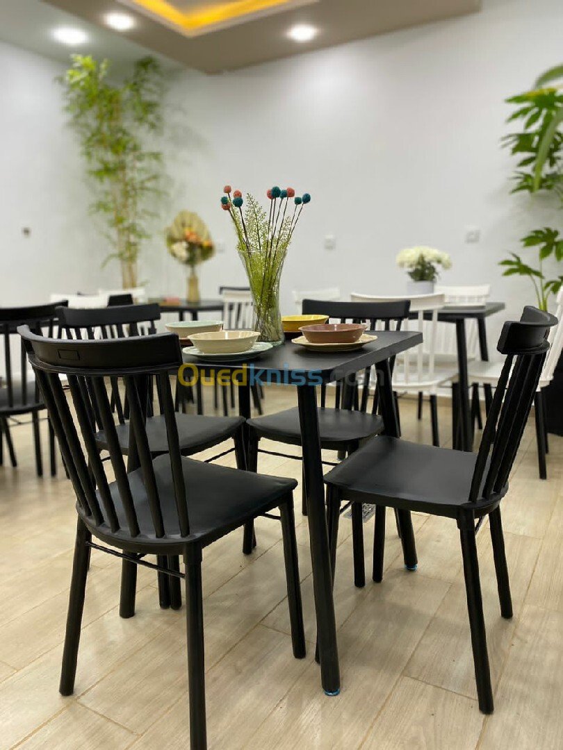 Tables de cuisine, salle a manger, chaises bois métal plastique.