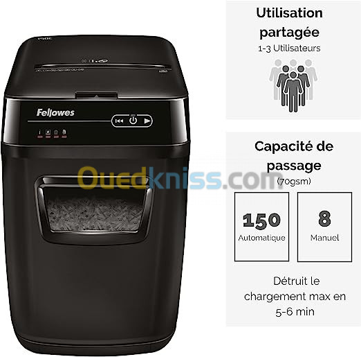 FELLOWES DESTRUCTEUR DE DOCUMENTS AUTOMAX 150C - COUPE CROISÉE P4 - 32 LITRE - AGRAFES - TROMBONES