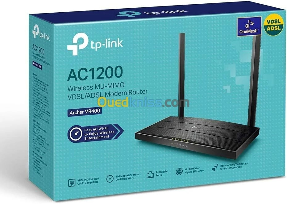  TP-LINK Archer VR400 V3 Modem Routeur VDSL2- ADSL2+ Wi-Fi AC 1200Mbps - 300Mbps - 2.4GHz