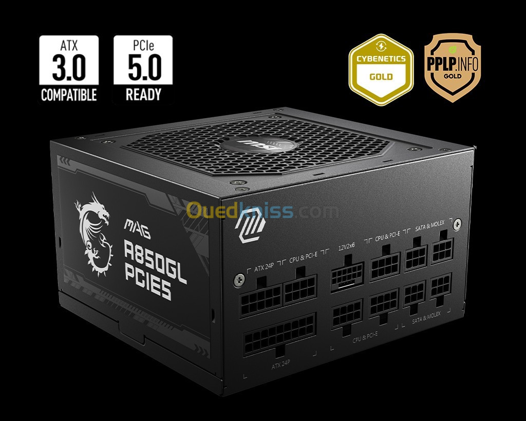 ALIMENTATION MSI MAG A850GL 850W - SUPPORT GPU PCIE 5 - 80 PLUS GOLD - MODULAIRE ATX 3.0 - FDB 120MM