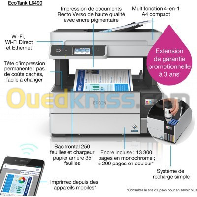 EPSON EcoTank L6490 Imprimante Multifonction - Couleur - USB - WIFI - Réservoirs Rechargeables.