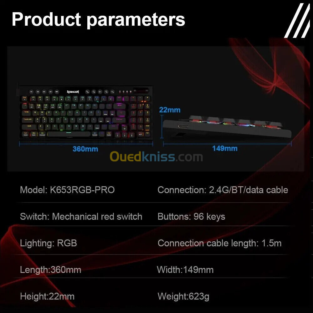 Clavier de jeu mécanique mince sans fil REDRAGON Sion K653 Pro RGB 94 touches-