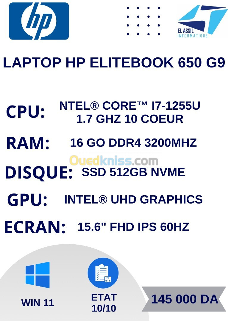 HP ELITEBOOK 650 G9 I7-1255U 16Go 512GB SSD 15.6" FHD WIN 11 