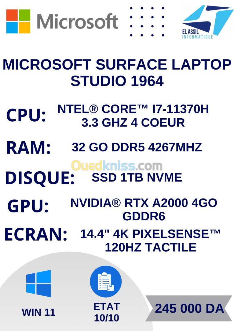 MICROSOFT SURFACE LAPTOP STUDIO 1964 I7-11370H 32Go 1TB SSD RTX A2000 4Go 14" 4K TACTILE WIN 11