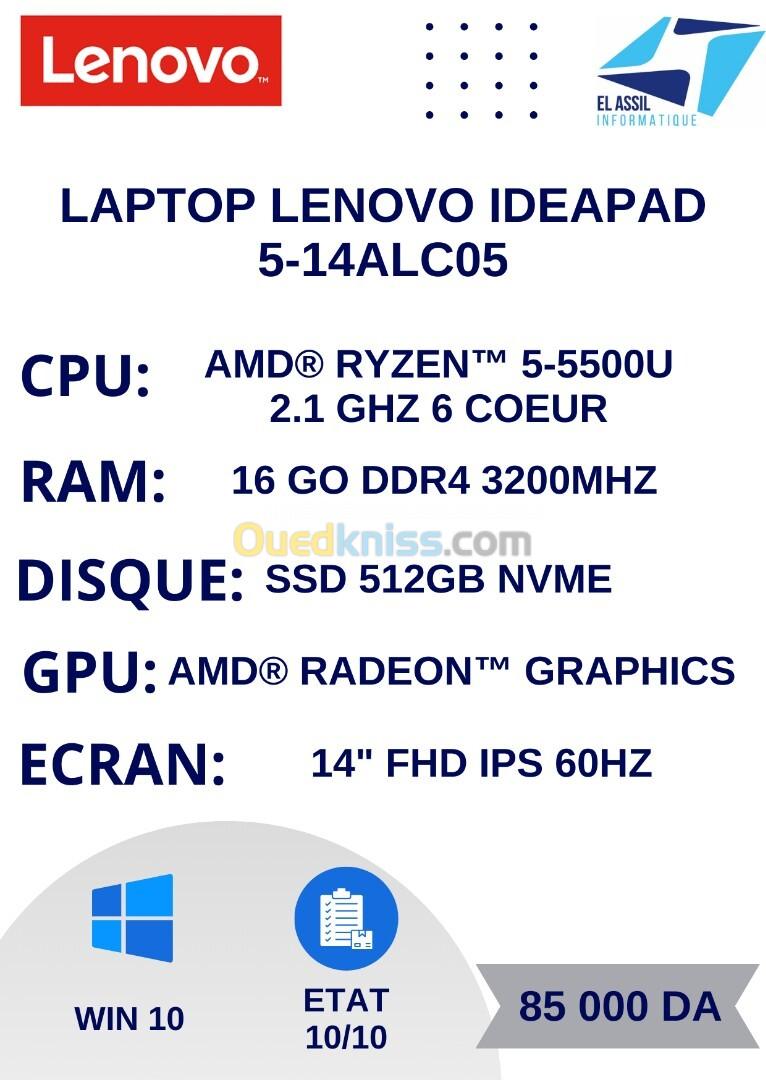 LENOVO IDEAPAD 5-14ALC05 RYZEN 5-5500U 16Go 512GB NVMe 14" FHD IPS WIN 10