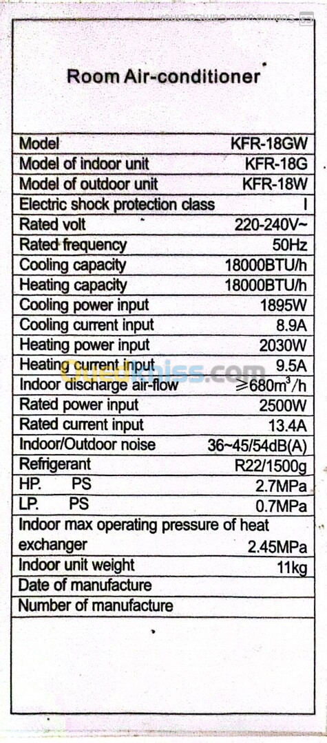 Climatiseur unité intérieur 18BTU