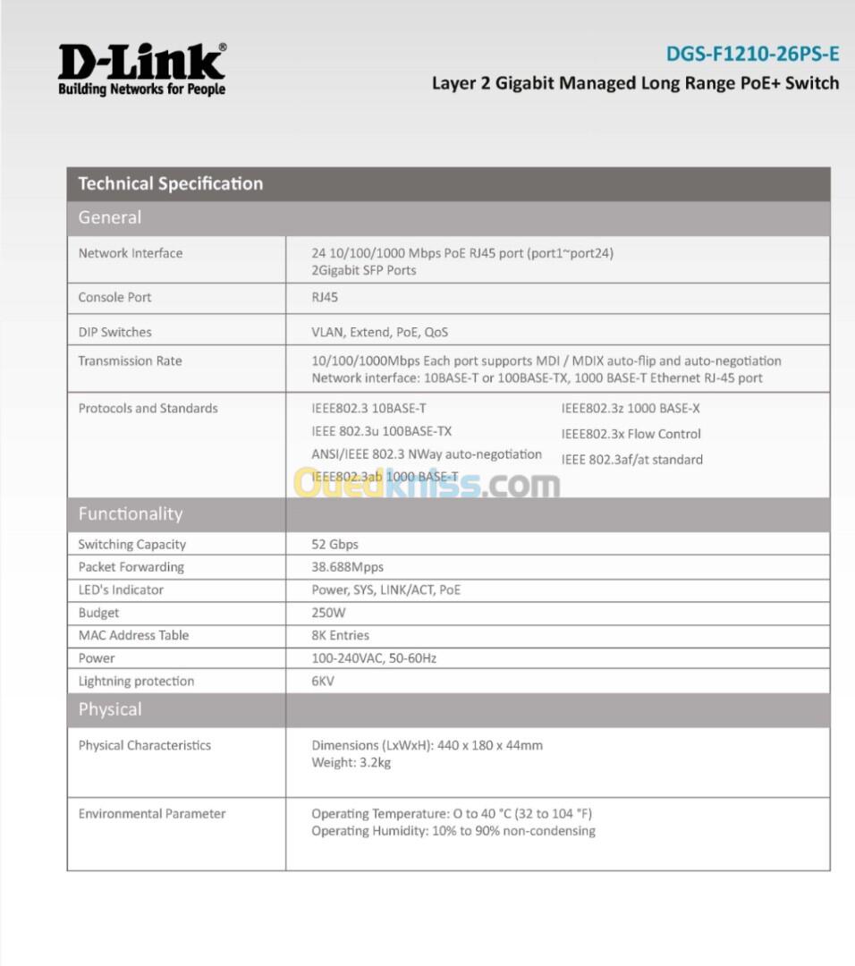 Switch Gigabit 24-ports PoE 2-ports SFP D-Link dgs-f1210-26ps-e