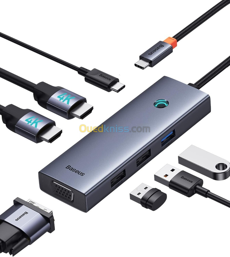 Baseus Hub USB C Dual 4K Station triple écran 7 en 1 avec 2 HDMI,VGA,USB3.0,USB2.0, 100 W PD